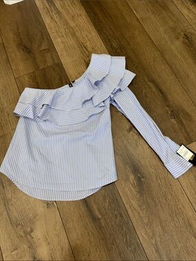NWT Want & Need Striped One-Shoulder Ruffle Top - Blue